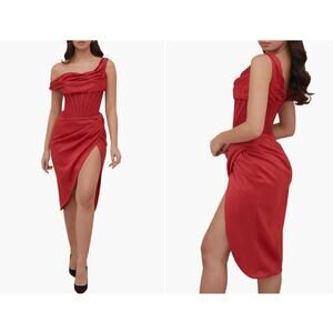 House of CB Lulu Corset One-Shoulder Satin Midi Dress sz. XS